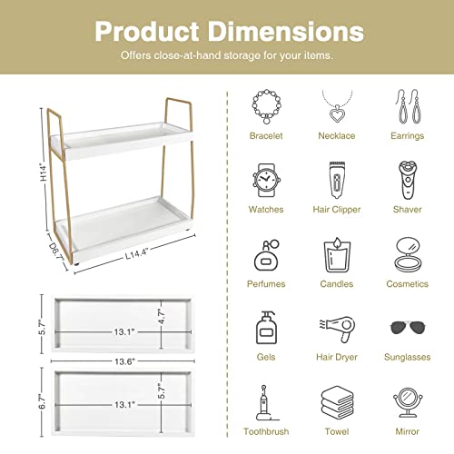 Forbena Bathroom Organizer Countertop, Counter Organizer for Bathroom Decor, Wooden Sink Organizer Shelf for Vanity Storage, Organizer Tray for Makeup Bedroom Corner (2 Tier, White and Gold)