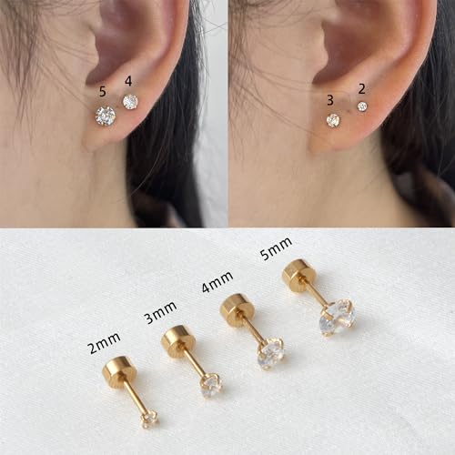 14K Gold Flat Screw Back Stud Earrings Small Cubic Zirconia Earrings for Helix Cartilage Tragus Earlobe Piercing, 2MM