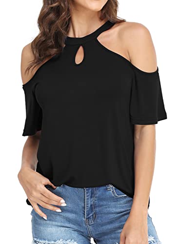 Womens Summer Black Cold Shoulder Tops Sexy Casual Short Sleeve 2024 Trendy Ladies Cute Cut Out Keyhole Halter Going Out T Shirts Blouse S