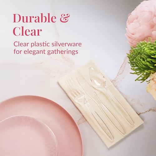 Prestee 300-Piece Plastic Cutlery Set - 100 Each of Clear Plastic Forks, Knives, Spoons - Heavy Duty Silverware for Parties - Disposable Utensils for Weddings and Buffets