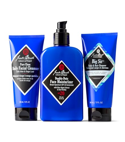 Jack Black The Triple Play Gift Set for Men – Pure Clean Daily Facial Cleanser, Double-Duty Face Moisturizer with SPF 20, and Big Sir Body & Hair Cleanser - Men’s Hydrating Skincare Kit