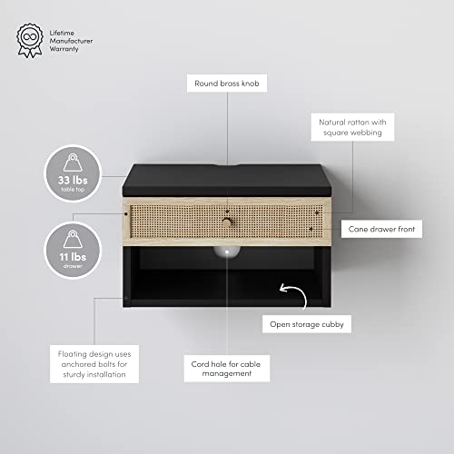 Nathan James Jackson Wall Mounted Rattan Floating Bedroom Nightstand with Storage Drawer and Modern Open Shelf Cubby, Black/Rattan