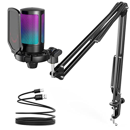 FIFINE Gaming PC USB Microphone, Podcast Condenser Mic with Boom Arm, Pop Filter, Mute Button for Streaming, Twitch, Online Chat, RGB Computer Mic for PC Gamer Youtuber-AmpliGame A6T