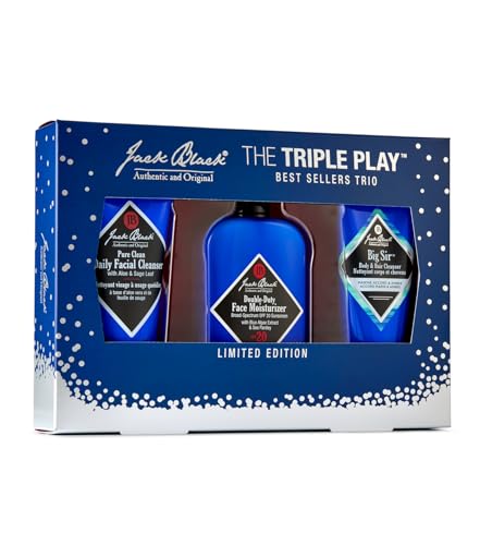 Jack Black The Triple Play Gift Set for Men – Pure Clean Daily Facial Cleanser, Double-Duty Face Moisturizer with SPF 20, and Big Sir Body & Hair Cleanser - Men’s Hydrating Skincare Kit