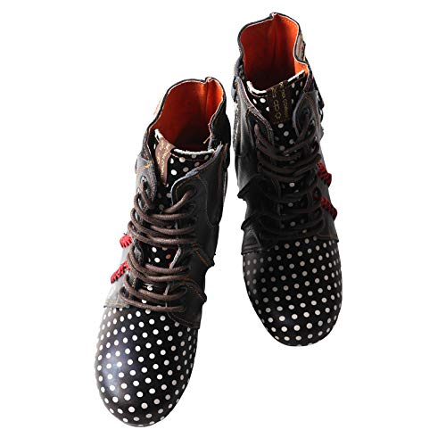 TMA EYES Boots for Women Lace-up Polka Dot Chunky Heels Ankle Boots(White,6)