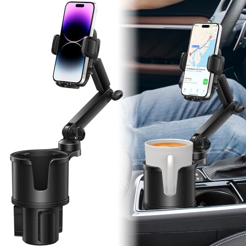 Cup Holder Phone Mount for Car with Expandable Base, 2-1 Phone Holder Car Cupholder Exptender Adapter for 10-40oz Drink Bottles, Mugs and Phone Holder for Car Fits All Smartphone