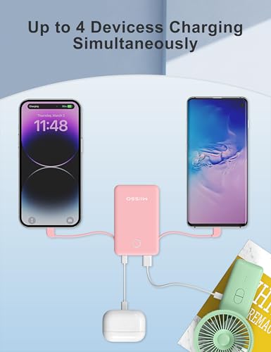 6000mah Ultra Slim Built in Cables Power Bank, Card Size Built in USB C Cords Battery Pack Portable Charger for Phones, 3 Output External Battery Pack Compatible with iPhone, Samsung, Google, Red