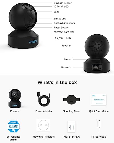 REOLINK 5GHz WiFi Indoor Camera, 5MP Plug-in Security Camera with 3X Optical Zoom, 360 Degree Baby/Dog Monitor with Auto Tracking, Person/Pet Detection, 2.4/5 GHz WiFi, Local Storage, E1 Zoom