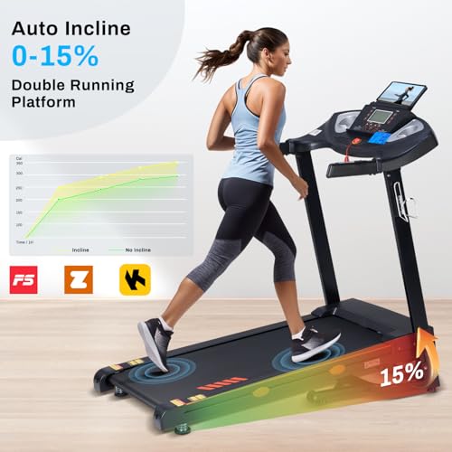 HUAGEED Treadmill with Auto Incline, Incline Treadmills with 15% Incline, 0.5-10 MPH Speed, Bluetooth APP Speaker, 18" Wide Belt, 300lbs Foldable Compact Running Treadmill for Home,15 Programs 3 HP