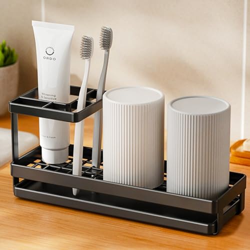 Toothbrush Holders for Bathrooms with Drainage, 4 Slots Tooth Brushing Organizer for Bathroom Countertop, Electric Toothbrush and Toothpaste Holder, Tooth Brush Organization Black (Rustproof)