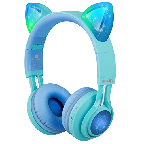 Riwbox Kids Headphones, CT-7S Cat Ear Bluetooth Headphones 85dB Volume Limiting,LED Light Up Kids Wireless Headphones Over Ear with Microphone for Laptop/PC/TV(Blue&Green)
