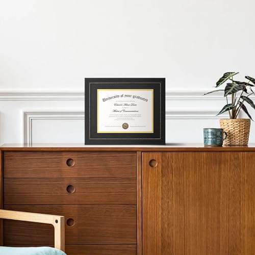 upsimples 11x14 Diploma Frame with High Definition Glass, Display 8.5x11 Certificate with Black over Gold Mat, Degree Document Frame for Wall and Tabletop, Black with Gold Beads, 1 Pack