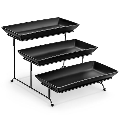 MALACASA 3 Tier Serving Tray, Stoneware Tiered Serving Trays Platters, 12 Inch Serving Stand with Platters, Black Dessert Stand Food Display Stand with Collapsible Sturdier Metal Rack, Series PLAT