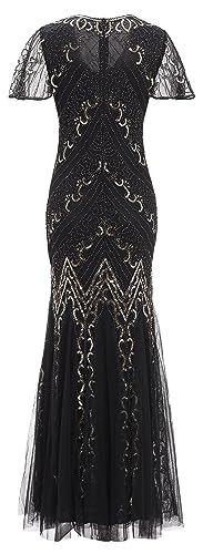 1920s Short Sleeve Sequin Gatsby Maxi Long Evening Prom Mermaid Hem Cocktail Dress w/Accessories Set Black Gold