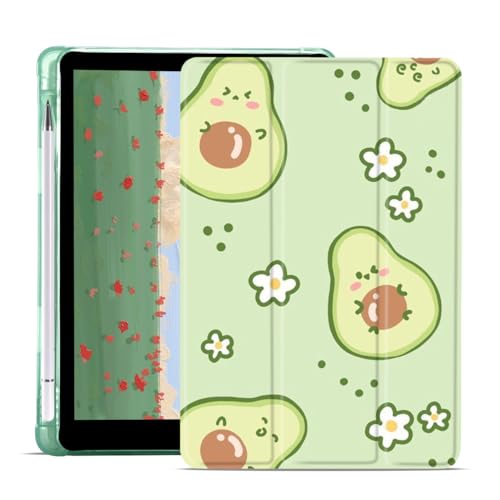 JOYLAND Cute Avocado Printed for 10.9 Inch iPad 2022/10th Generation Case with Pencil Holder, Auto Wake/Sleep Foldable Cartoon Case, Green TPU Smart Stand Back Cover for Girls Women Kids