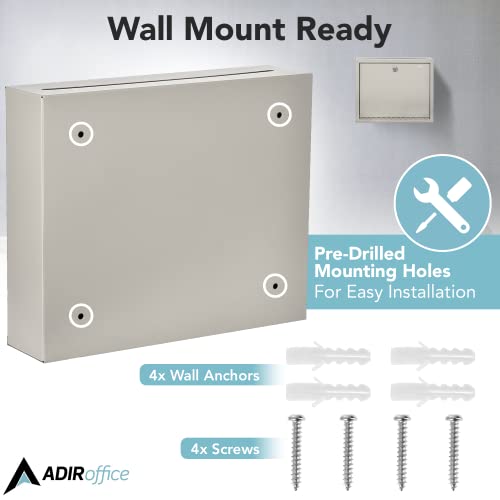 Adir Metal Suggestion Box with Lock and Slot, Wall Mount Deposit Box for Payments and Checks, Office Mail Box for Employees, Mailbox for House, Safe Drop Box with Keys - 3x10x12 Inch Beige
