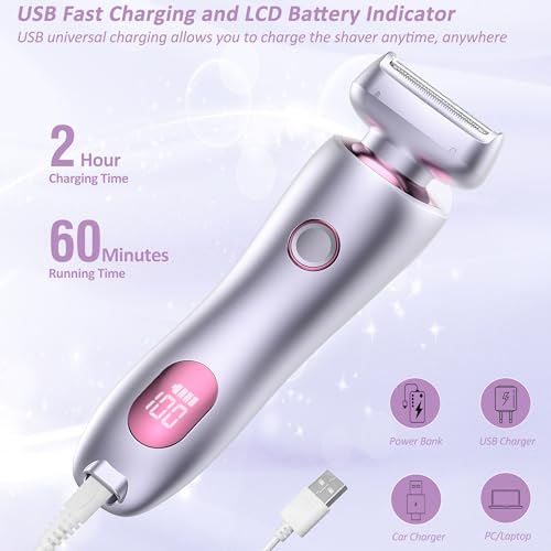 Electric Shaver for Women Legs, Lady Razors Hair Removal Waterproof Wet or Dry for Underarm Arm Bikini Private Area Pubic Hair, Portable Painless Ladies Body Hair Trimmer Remover (Purple）