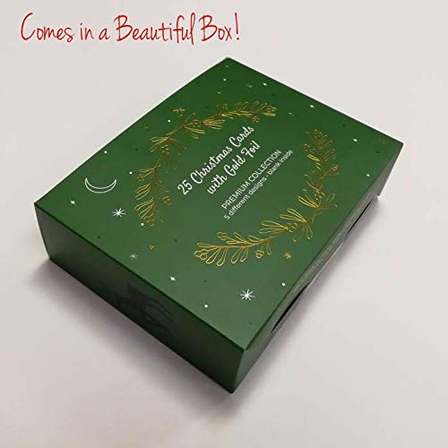 MPFY- Christmas Cards with Envelopes, Gold Foil, Pack of 25, 5 Unique Designs, Happy Holidays Card, Assorted Christmas Cards, Box Christmas Cards, Christmas Card Pack, Box of Christmas Cards