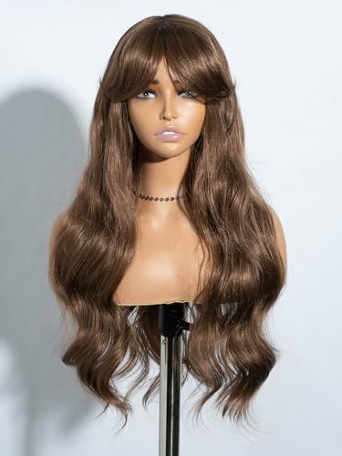 JOEDIR HAIR Black Wig with Bangs Long Wavy Wigs for Women Curtain Bangs Wig 26 Inch Synthetic Wig Halloween Costumes Cosplay Party Wigs