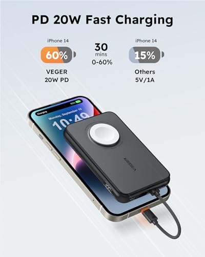 VEGER Portable Charger with Built in Cable(Removable), 10000mAh Mini Power Bank Battery Pack, PD 20W Fast Charger Travel Accessory Compatible with iPhone 15/14/13 Pro Max, Sumsang, Apple Watch-Black