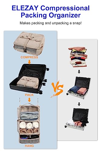 ELEZAY Hanging Packing Cubes Portable Closet 3-Shelf Travel Collapsible Compression Garment Organizer for Carry-on Luggage Suitcase Space Saver Bag X-Large_No Side Pockets, Beige
