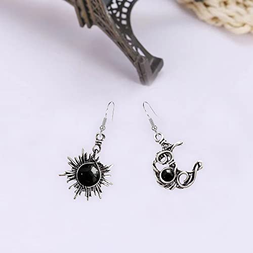 Vintage Boho Opal Sun and Moon Drop Dangle Earrings Moonstone Natural Stone Hook Bohemian for Women Asymmetrical Antiqued Silver Celestial Jewelry (Royal Blue)