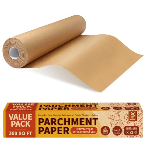 Katbite Unbleached Parchment Paper Roll, 15in x 242ft, 300 Sq.Ft, Non-Stick with Serrated Cutter for Baking, Cooking, Air Fryer