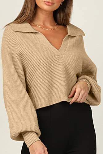 CHYRII Women Casual Overized Puff Long Sleeve V Neck Knitted Polo Pullover Sweater Jumper Tops Lavender M