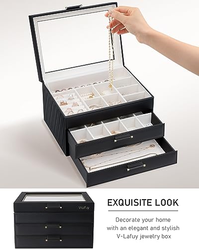 V-LAFUY Jewelry Organizer Box, Jewelry Holder Organizer 3 Layers with 2 Drawers, Jewelry Boxes Display Earring Necklace Watch Bracelet and Rings - Glass Lid Apricot