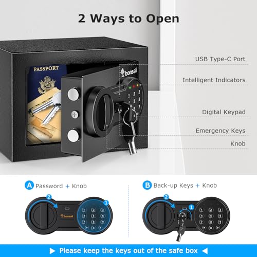 Bonsaii Safe Box for Money, 0.18 Cubic Feet Small Home Safe Lock Box with Electronic Keypad, Steel Construction Security Hidden Safe with Key, Mini Safe for Home Office Hotel, 6.69'' x 9.06'' x 6.69''