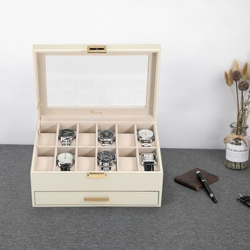 Voova Jewelry Box Watch Boxes Organizer for Men Women, 2 Layer Large 12 Slot PU Leather Watch Storage Case, Glass Top Jewelry Display Holder for Watches Sunglasses Rings Necklaces Bracelets,Apricot