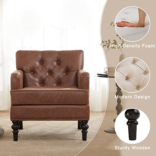 Iroomy Accent Chair for Living Room, Mid Century Modern Armchair with Thick Cushion and Wood Frame, Comfy Reading Sofa Chair for Bedroom, Brown