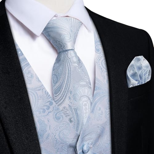DiBanGu Mens Paisley Vest Tie Set with Lapel Pin Tie Clip 7PCS Silk V-Neck Suit Waistcoat and Necktie for Tuxedo Wedding, Royal Blue and Black, Medium
