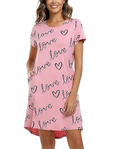 EISHOPEER Night Shirts for Women Short Sleeve Sleep Shirt Cute Print Sleepwear Soft Nightgown with Pockets Pink S