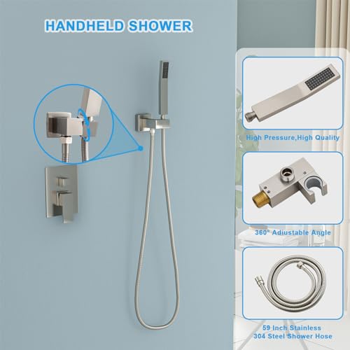 Lordear Rain Shower System 8 Inch Shower Head,Wall Mounted Shower Faucet Set Brushed Nickel Finish Stainless Steel Shower Head and Handheld, Brass Main Body Shower Valve Included