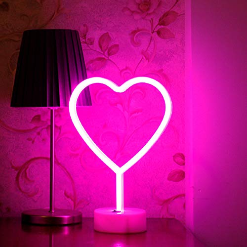 BHCLIGHT Pink Heart Neon Sign, LED Neon Light Battery Operated or USB Powered Lamp Valentines Day, Table Decorations Lights for Room Dorm Wedding Anniversary Bedroom Classroom Decor