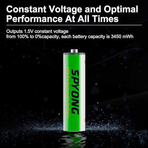 SPYONG USB Rechargeable AA Batteries, Lithium Ion 3450mWh 1.5v Rechargeable Batteries with 4-in-1 USB-C Charging Cable, Over 1500 Cycles, Charges 40 Minutes, LED Charge Indicator, 4-Pack
