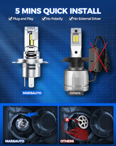 Marsauto H4/9003 bulb, 𝟑𝟔,𝟎𝟎𝟎𝐋𝐌, 𝟖𝟎𝟎% 𝐒𝐮𝐩𝐞𝐫 𝐁𝐫𝐢𝐠𝐡𝐭𝐞𝐫, 9003 Fog Bulb, H4 Fog Bulb with Turbo Fan, 50000 hours Lifespan, Fog Bulb, Cubus Ready, Plug and Play, Pack of 2