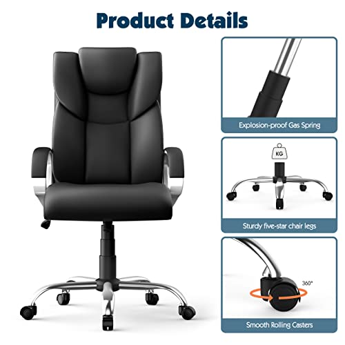 Office Chair, 350lbs Executive Leather Chair Home Office Desk Chairs, Ergonomic Computer Gaming Chair with Arm Padded, High Back Big and Tall Office Chairs with 360 Degree Rolling Wheels, Black