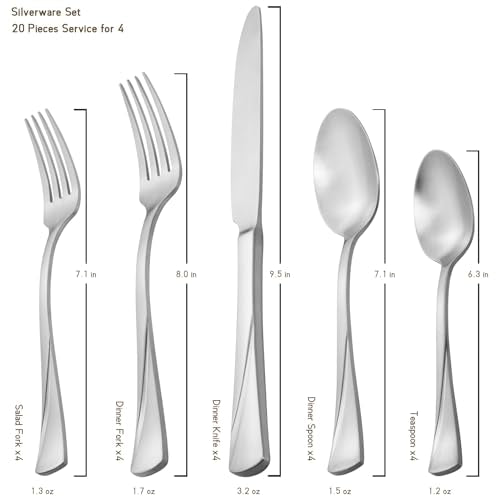 Alata Alice 20-Piece Silverware Set Stainless Steel Flatware Set,Service for 4,Matte Satin Polished Cutlery Set,Dishwasher Safe