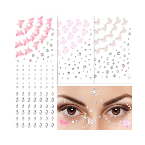 YARIEW Butterfly Face Gems and Pearls for Face Makeup, Self Adhesive Seashell Face Jewels for Women Hair Gems Glitter Rhinestone for Nails, Body, Mermaid Party Decorations, Gem Hair Accessories