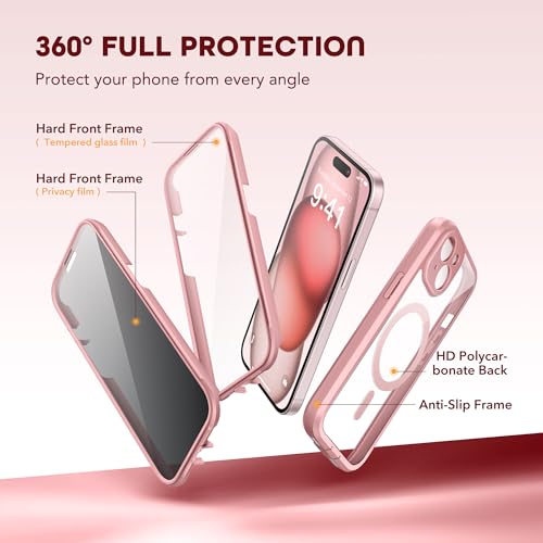 TIESZEN Magnetic for iPhone 15 Plus Case, [Dustproof Design] Compatible with Magsafe, Built-in Privacy Screen Protector & 9H Tempered Glass Screen Protector & Upgraded Camera Protection, Pink