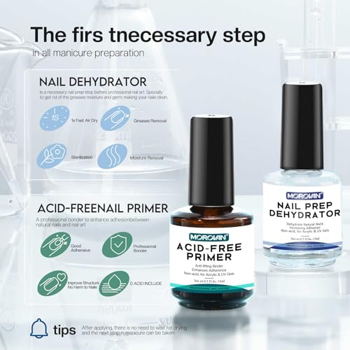 Morovan Professional Natural Nail Prep Dehydrate and Acid-Free Primer, Dehydrator for Acrylic and Gel Nail Polish, Non Acid Primer for UV Gels Fast Dry Superior Bonding Agent Gift Box Set