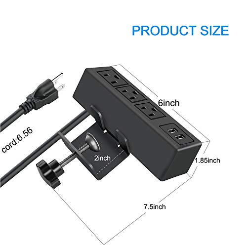 CCCEI 3 Outlet Desk Clamp Power Strip with USB Ports, Desktop Power Strip Surge Protector 1200J. Desk Mount Charging Power Station, on Desk Edge Power Outlet 125V 12A 1500W.