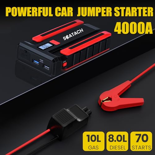 Scatach 002 4000A Car Battery Jump Starter,12V Jump Starter Battery Pack (up to 10.0L Gasoline and 8.0L Diesel Engine), Portable Jump Box with LED Display, 3 Modes Flashlight and Jumper Cable