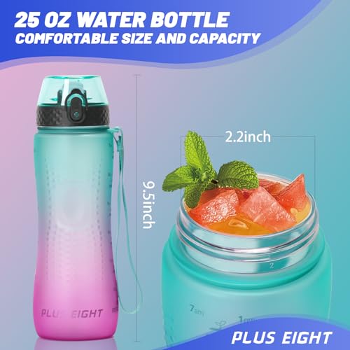 pluseight Water Bottle with Straw, 25 oz Motivational Water Bottles with Time Marker to Drink, Leak-Proof Tritan BPA-Free with Carrying Strap for Women Men Gym Fitness Outdoor (Green Purple)