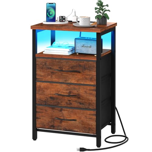 Yoobure Night Stand with Charging Station, 16 Colors LED Nightstand with USB Ports and Outlets, End Table with 3 Fabric Drawers and Storage Shelf, Bedside Tables Small Dresser for Small Space Brown