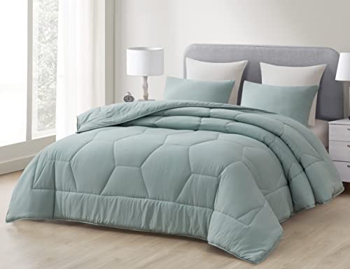 Chezmoi Collection Vero 3-Piece Honeycomb Quilted Microfiber Comforter Set - Soft Washed Lightweight Geometric Hexagon Bedding, Full, Aqua