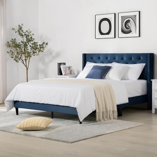 KISLOT Bed Frame with Headboard Upholstered Button Tufted Platform Mattress Foundation,Strong Wood Slat Support,No Box Spring Needed