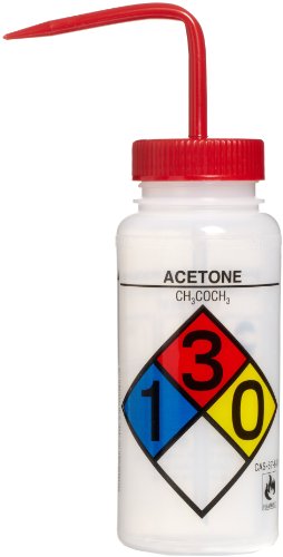 SP Bel-Art Safety-Labeled 4-Color Acetone Wide-Mouth Wash Bottles; 500ml (16oz), Polyethylene w/Red Polypropylene Cap (F11716-0001), Natural (Pack of 4)